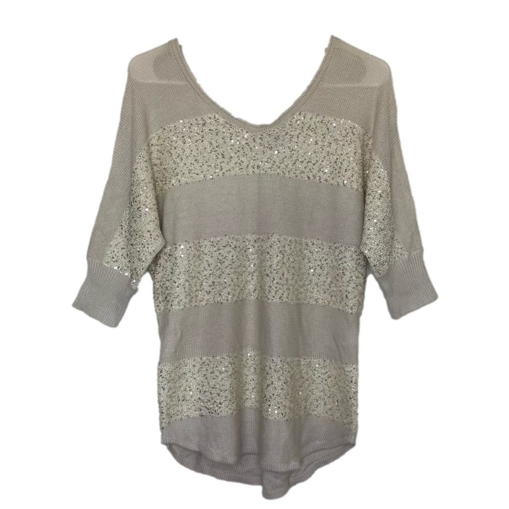 Express Sequined Sheer 3/4 Sleeve Knit Top XS Beige Cream V-Neckline